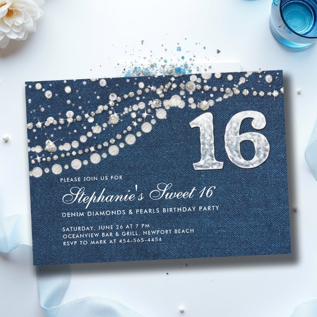 Convite Denim Diamantes Pearls Elegante Clássico Sweet 16 (sweet sixteen invitation 16th birthday denim diamonds and pearls fashion teen girl)