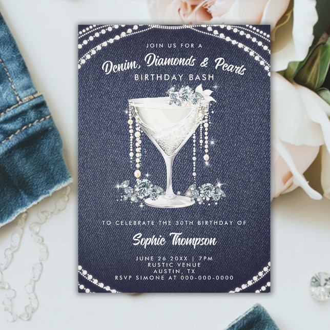Convite Denim Diamantes Pearls Festa de aniversário de Cha (denim diamonds pearls birthday party invitation elegant classy champagne bling glam glitz sparkle)