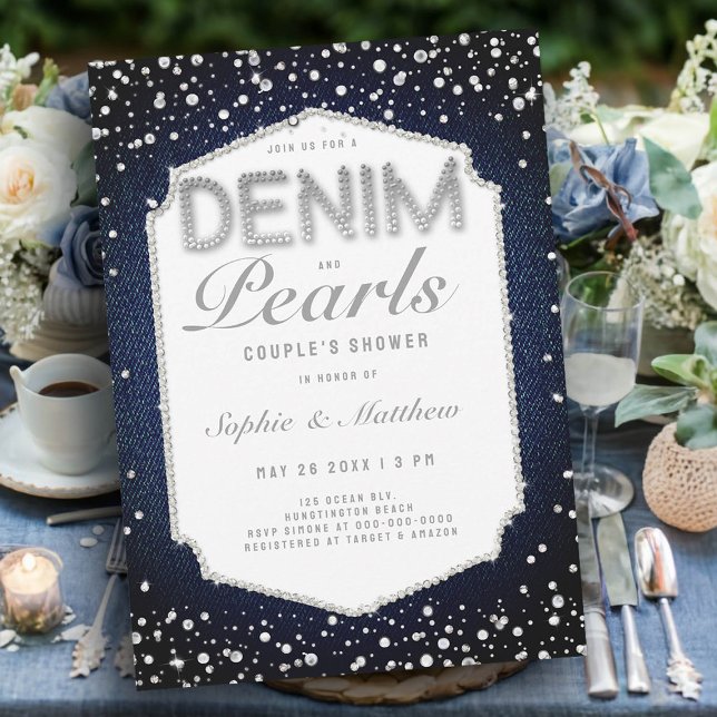 Convite Denim Diamantes Pearls Frame Elegante Chá de Casam (wedding shower ideas denim diamonds pearls invitations coed jack jill couples blue white casual)