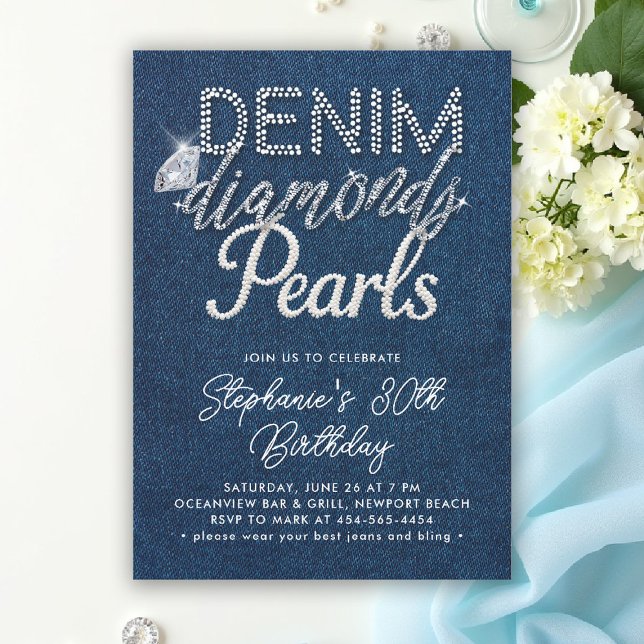 Convite Denim Diamantes Pearls Tipo Chic Aniversário Cláss (denim diamonds and pearls birthday party modern classy elegant minimalist blue white diy template)