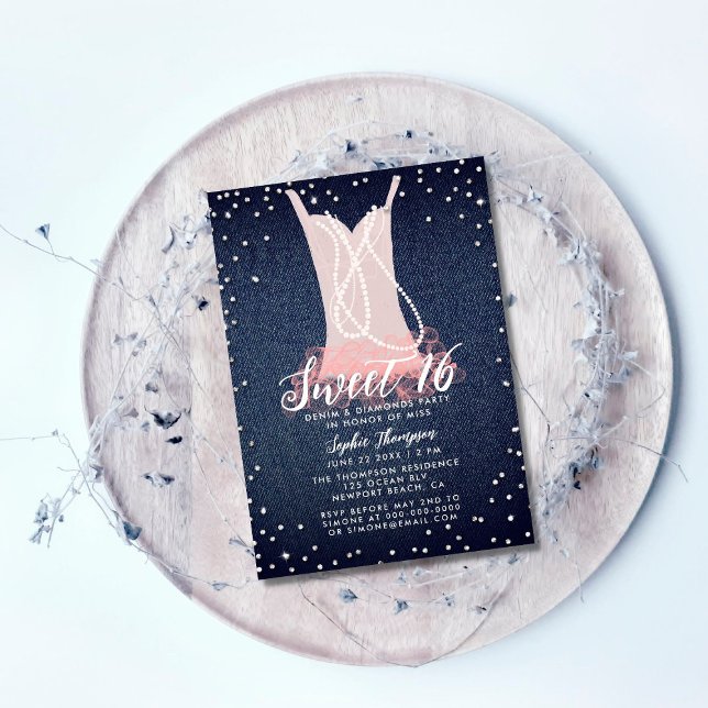 Convite Denim Diamantes Pearls Tutu Sweet 16 Festa de aniv (Criador carregado)