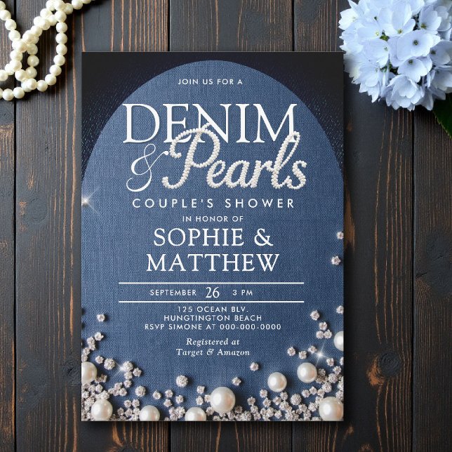 Convite Denim Diamantes Pérolas Arco Chá Azul (denim and pearls couple shower invitation bridal wedding diamonds blue white arch elegant coed)