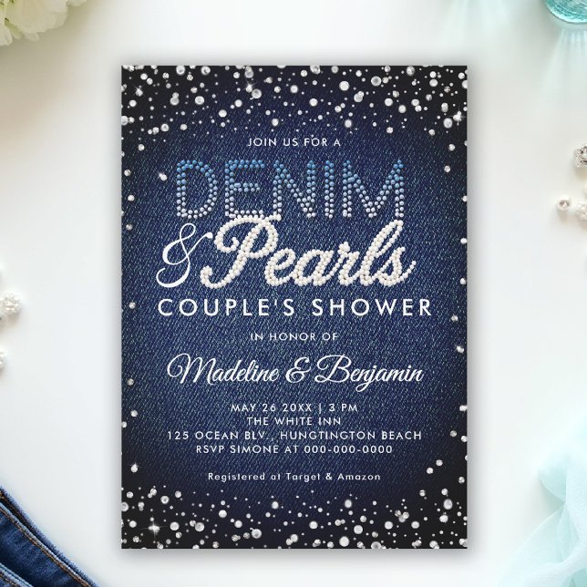 Convite Denim Diamantes Pérolas Azul Casal Moderno Chá (denim and pearls couple shower invitation coed jack jill blue white elegant modern classy chic)