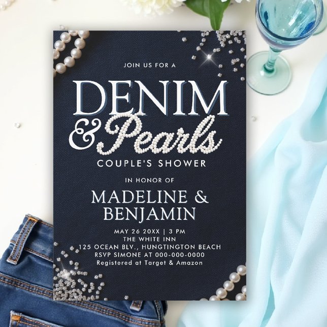 Convite Denim Diamantes Pérolas Chá Azul Elegante (denim and pearls couple wedding shower invitation coed jack jill blue white elegant modern trendy)