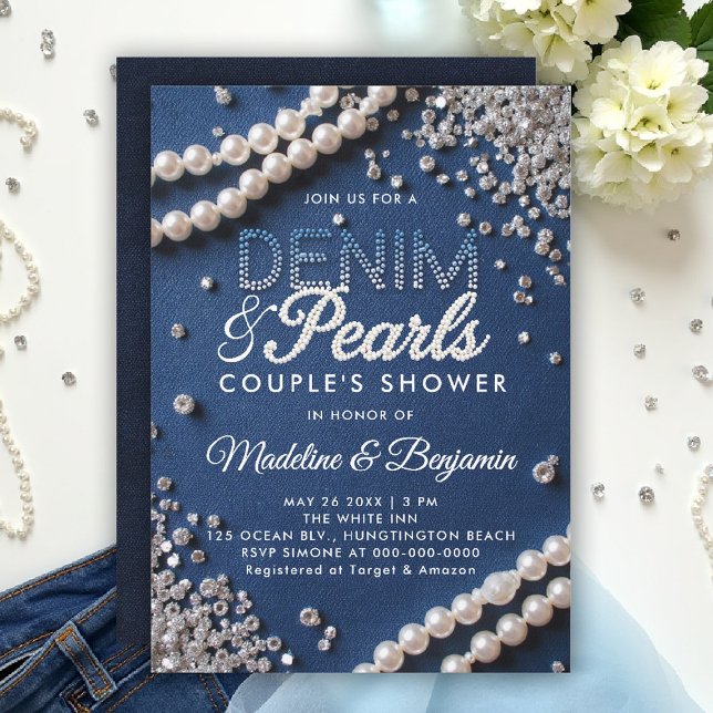 Convite Denim Diamantes Pérolas Chá Moderno Elegante (denim and pearls couple wedding shower invitation coed jack jill blue white elegant modern classy )