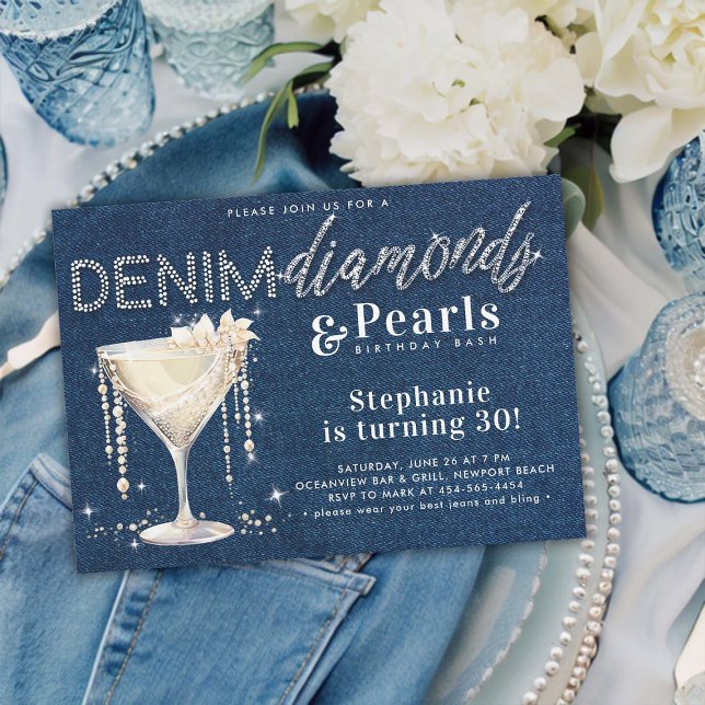 Convite Denim Diamantes Pérolas Champanhe Azul Quic Aniver (denim diamonds pearls birthday party invitation template classy elegant country rustic champagne)