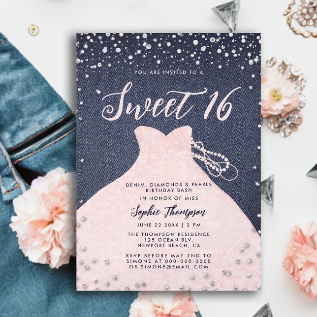 Convite Denim Diamantes Pérolas Rosa Princesa Vestida Doci (denim diamonds pearls princess dress sweet 16 invitation elegant modern trendy girly chic blue pink)