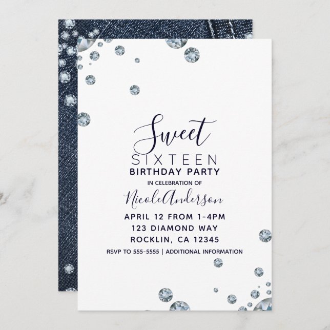 Convite Denim & Diamantes Pocket Aniversário Doce 16 Festa (Frente/Verso)