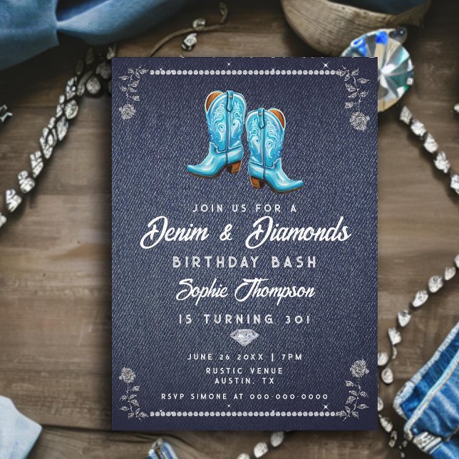 Convite Denim Diamantes Russo Cowgirl Boots Festa de anive (denim diamonds birthday party for women rustic glam blue cowgirl boots elegant classy bling roses)