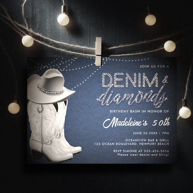 Convite Denim Diamantes Rustic Glam Hat Boots 50th Birthda (denim diamonds 50th birthday invitation for women elegant classy rustic glam cowgirl boots hat bling)