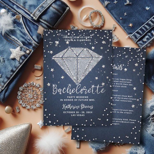 Convite Denim Diamantes Stars Festa de solteira Itinerário (denim and diamonds bachelorette party itinerary invitation template elegant classy modern chic)