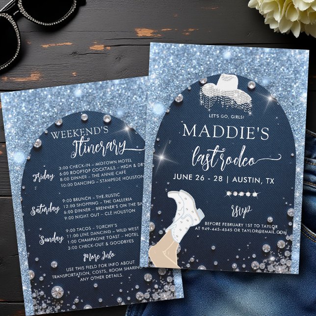 Convite Denim Diamantes Última Bachelorette Bling Rodeo (denim and diamonds bachelorette party invite last rodeo glam bling itinerary blue glitter arch)