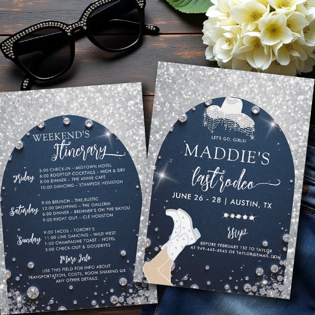 Convite Denim Diamantes Última Bachelorette Glam Arch Rode (denim and diamonds bachelorette party invite last rodeo glam bling itinerary glitter arch)