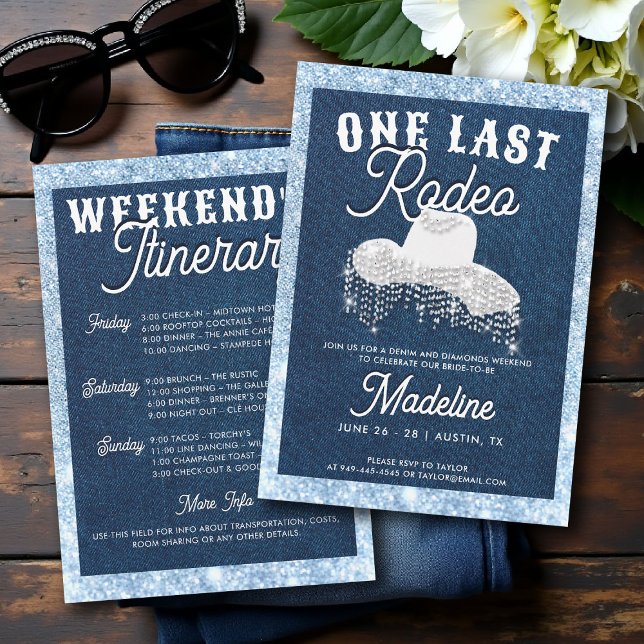 Convite Denim Diamantes Último Rodeio Cowgirl Bachelorette (denim and diamonds bachelorette party invite last rodeo glam bling frame lets go girls classy chic)