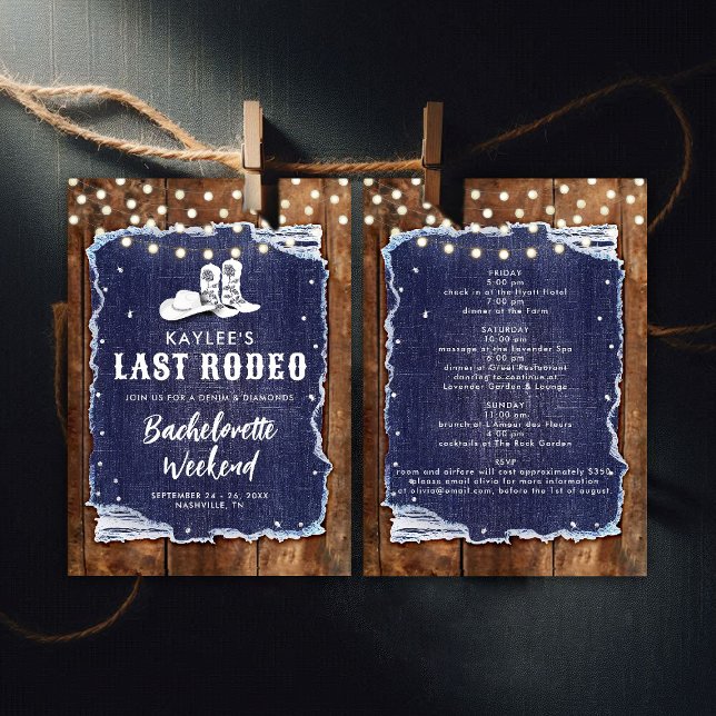 Convite Denim Diamantes Último Rodeio Russo Bachelorette C (denim and diamonds bachelorette party invitation itinerary rustic wood cowgirl hoedown white blue)