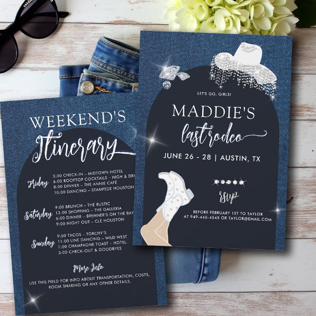Convite Denim Diamantes Vamos Raparigas Arch Bachelorette (denim and diamonds bachelorette party invite last rodeo glam bling lets go girls itinerary arch)