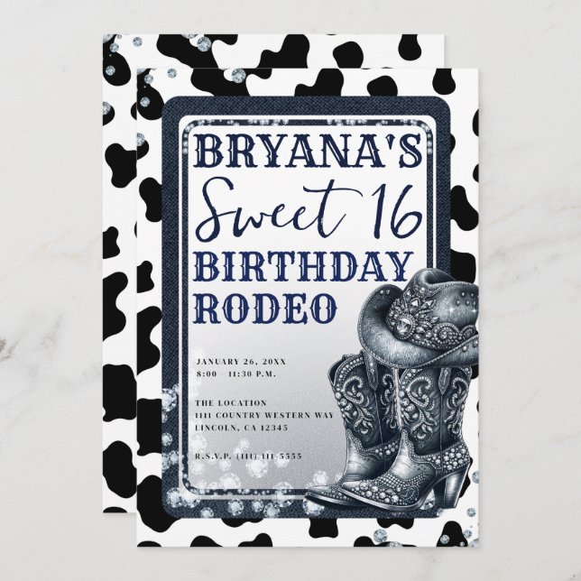 Convite Denim & Diamantes Western Glam Cowgirl Sweet 16 (Frente/Verso)
