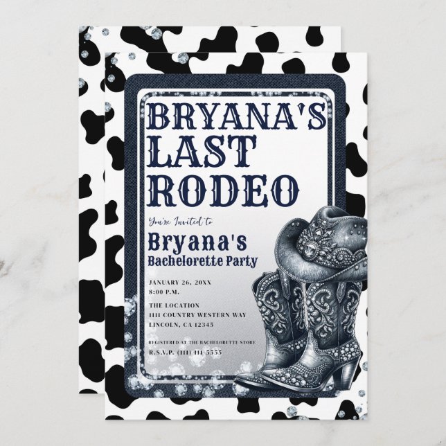 Convite Denim & Diamantes Western Glam Cowgirl Último Rode (Frente/Verso)