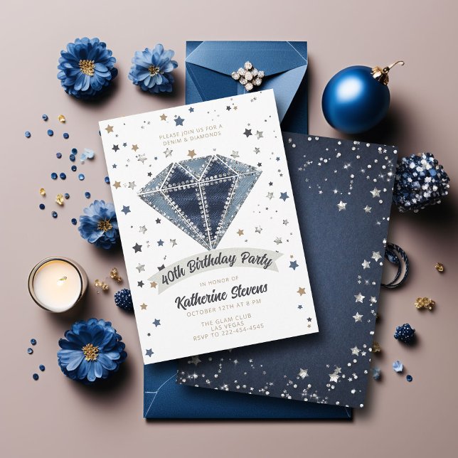 Convite Denim Diamantes White Blue Glitter aniversário de  (denim diamonds 40th birthday party invitation women white blue jeans rhinestones glitter star classy)