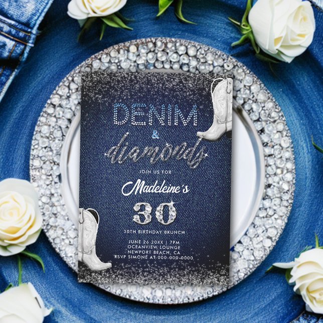 Convite Denim Diamantes White Boots Brunch aniversário de  (denim and diamonds 30th birthday invitation for women cowgirl chic boots classy modern elegant)