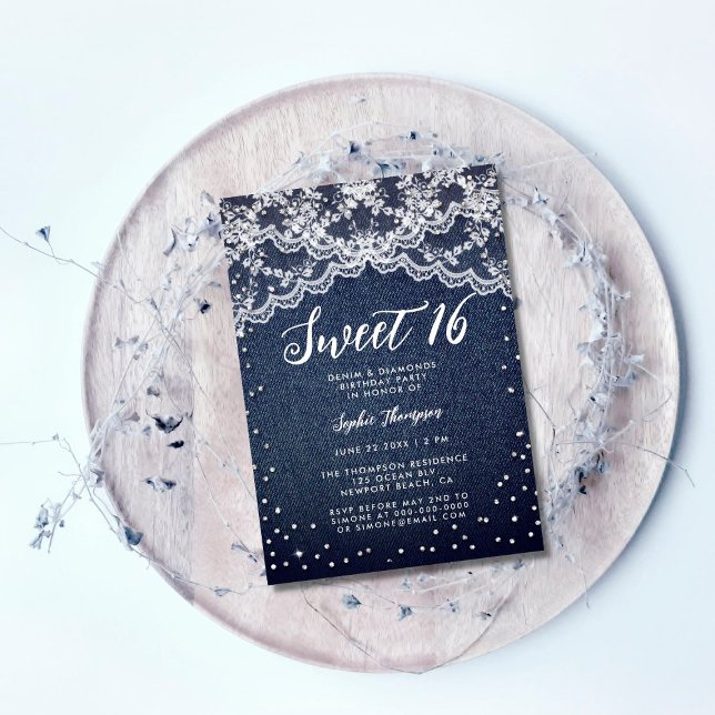 Convite Denim Diamantes White Lace Sweet 16 Festa de anive (Criador carregado)