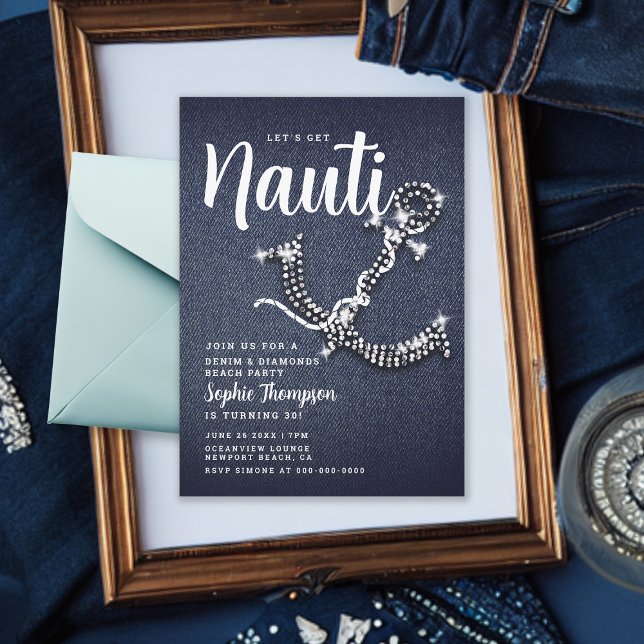 Convite Denim Diamond Anchor Obter Festa de aniversário Na (Denim and Diamonds Boat Anchor 30th Birthday Party Invitation Jeans Bling Glitter Elegant Classy)