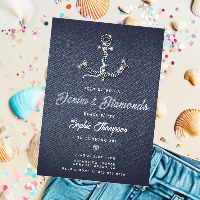 Convite Denim Diamond Bling Anchor Festa de aniversário Ná (denim and diamonds 30th birthday party invitation for women beach boat anchor bling elegant classy)