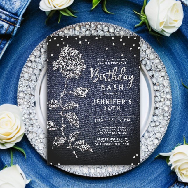 Convite Denim Diamond Bling Rosa Indigo Blue aniversário d (denim and diamonds birthday invitation 30th women bling rose rhinestones glitter glitz glam classy)