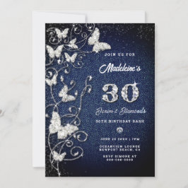 Convite Denim Diamond Bling Vines Butterfly Festa de anive