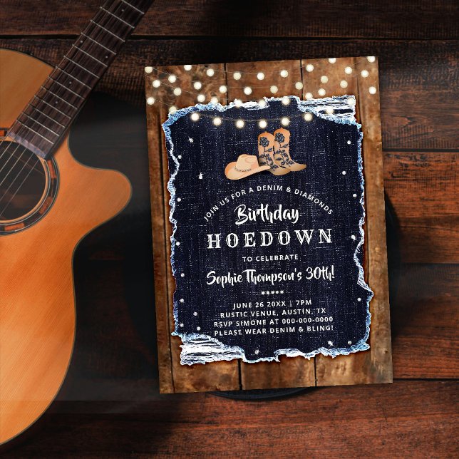 Convite Denim Diamond Cowgirl Blue Rustic Hoedown Aniversá (denim diamonds birthday party hoedown invitation rustic wood blue white cowgirl chic boots hat light)