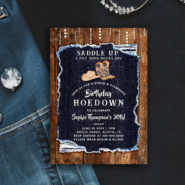 Convite Denim Diamond Cowgirl Chic Rustic Hoedown Aniversá (denim diamonds birthday party hoedown invitation rustic wood blue white cowgirl chic boots hat bling)