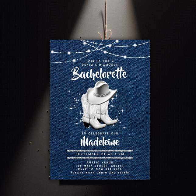 Convite Denim Diamond Cowgirl Hat Boots Chic Bachelorette (denim and diamonds bachelorette party invitation white cowgirl boots hat rhinestones rustic chic)