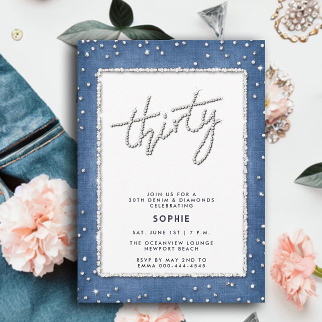 Convite Denim Diamond Glitter Frame Simples aniversário de (denim diamonds 30th birthday for women elegant rhinestones modern calligraphy simple frame classy)