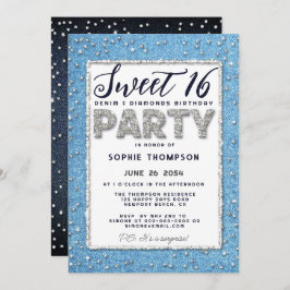 Convite Denim Diamond Glitter Frame Sweet 16 Party Girly