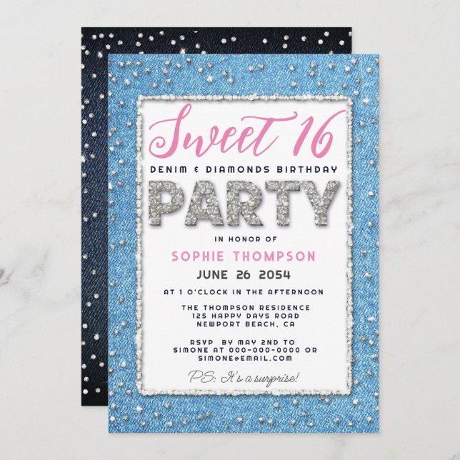 Convite Denim Diamond Glitter Frame Sweet 16 Party Pink (Frente/Verso)