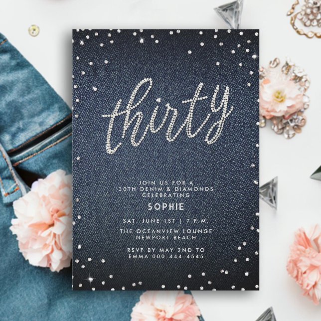 Convite Denim Diamond Glitter Simple Modern aniversário de (denim diamonds 30th birthday invitation for women modern calligraphy simple rhinestones classy)
