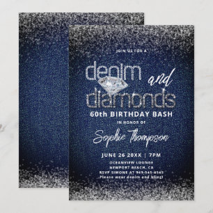 Convite Denim Diamonds Azul Branco Elegante 60º Aniversári