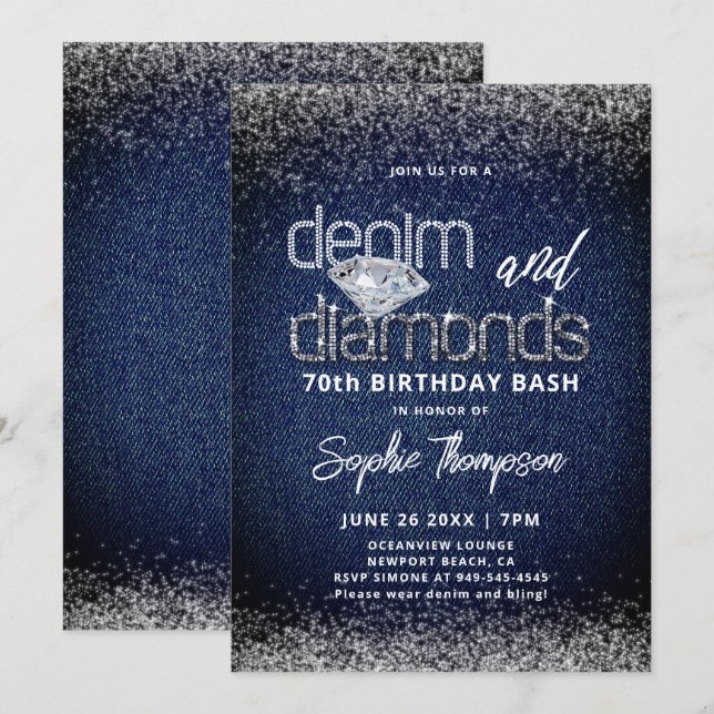Convite Denim Diamonds Azul Branco Elegante 70º Aniversári (Frente/Verso)