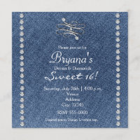 Convite Denim Diamonds Bling Emblem Sweet 16