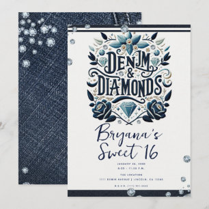 Convite Denim & Diamonds Bordado Floral Sweet 16