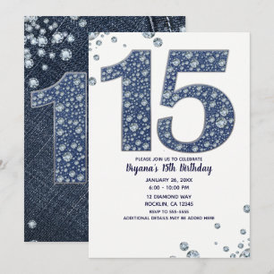 Convite Denim & Diamonds Brilho de Lantejoulas 15TH 15 Ano