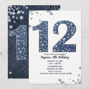 Convite Denim & Diamonds Brilho de Purpurina 12º 12 Aniver