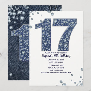 Convite Denim & Diamonds Brilho de Purpurina 17º 17 Aniver