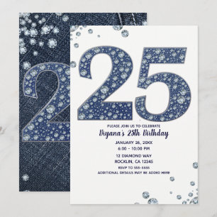 Convite Denim & Diamonds Brilho de Purpurina 25 25º Aniver