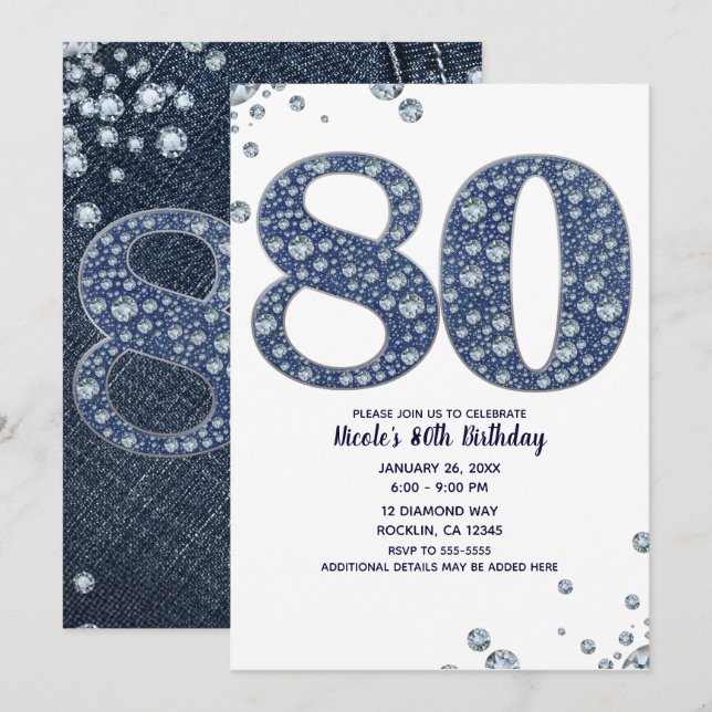 Convite Denim & Diamonds Brilho de Purpurina 80TH 80 Anive (Frente/Verso)