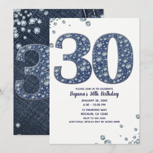 Convite Denim & Diamonds Brilho Lantejoulas 30TH 30 Aniver