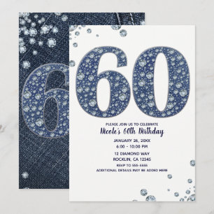 Convite Denim & Diamonds Brilho Lantejoulas 60TH 60 Aniver