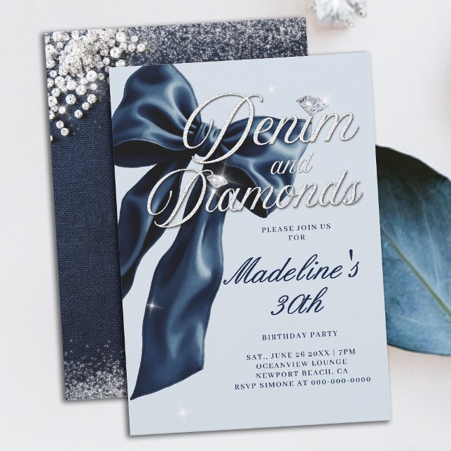 Convite Denim Diamonds Dark Blue Bow 30th Birthday Party (denim and diamonds 30th birthday party invitation blue white dark bow bling sparkles classy)