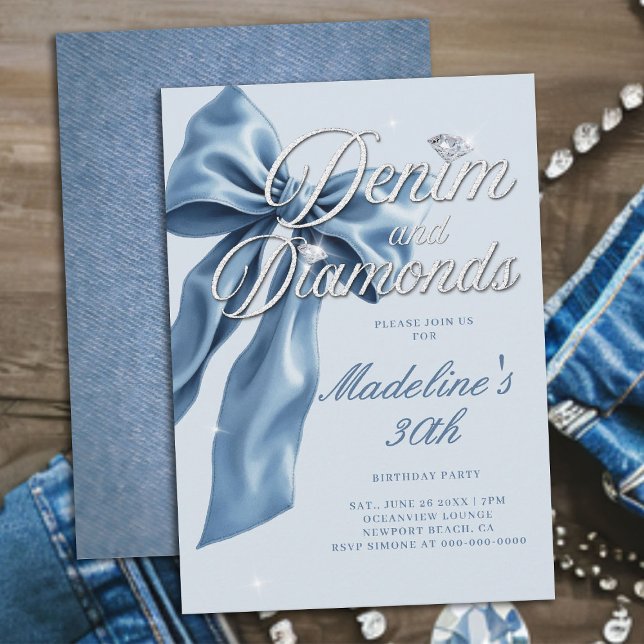 Convite Denim Diamonds Light Blue Bow 30th Birthday Party (denim and diamonds 30th birthday party invitation blue white bow bling sparkles classy)