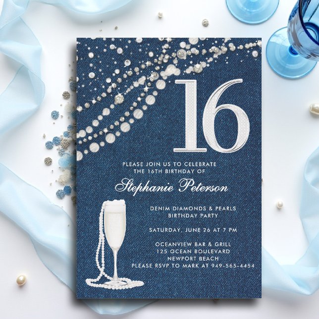 Convite Denim Diamonds Pearls Champagne  ElegantSweet 16 (sweet 16 sixteen invitation denim diamonds pearls blue white champagne bling elegant classy photo)